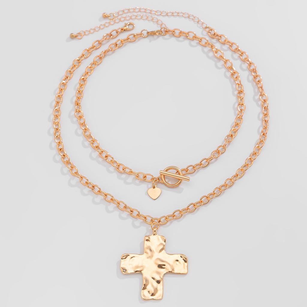 Jewelry Personalized Cross Alloy Pendant Necklace Double Layer OT Buckle Fashion Light Luxury Collarbone Chain Women