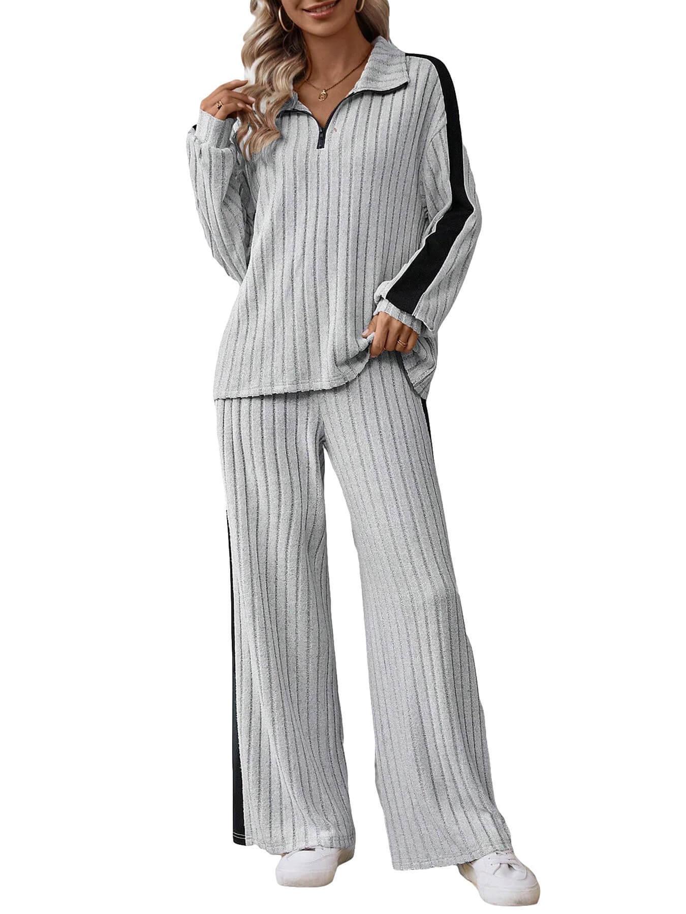 Women s Striped Trim Half Zip Top and Ribbed Wide Leg Pants Set, Dark Green/Light Gray XL серый