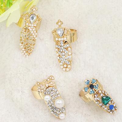 Women's Fashion Rhinestone Flower Crown Bowknot Finger Tip Nail Cover Ring