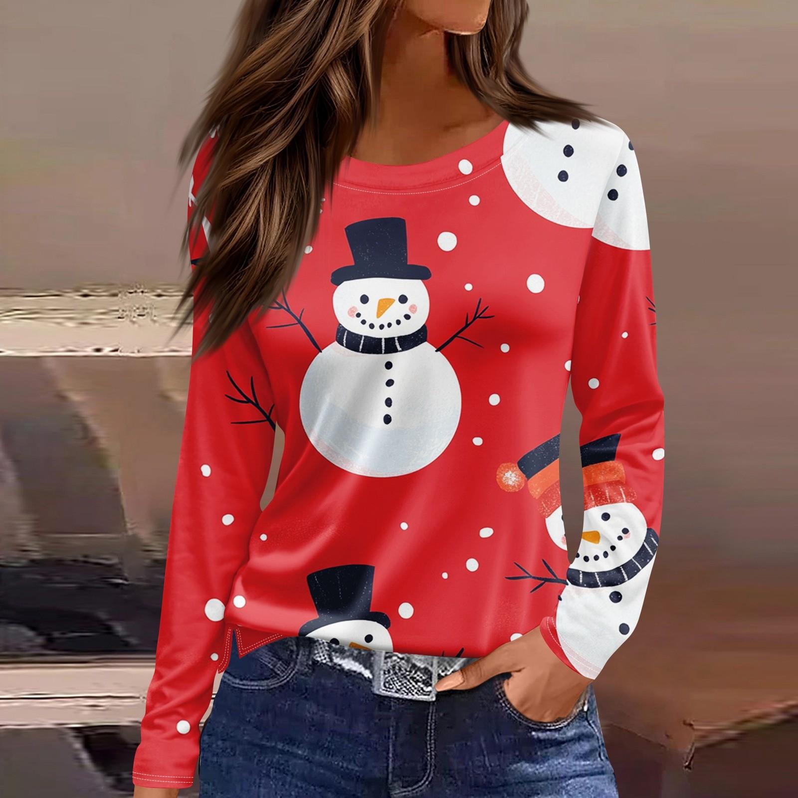 

Длинные рукава женские топы цветочный принт винтажная мода повседневные свободные с R-образным вырезом рубашки больших размеров Рождество XL красный