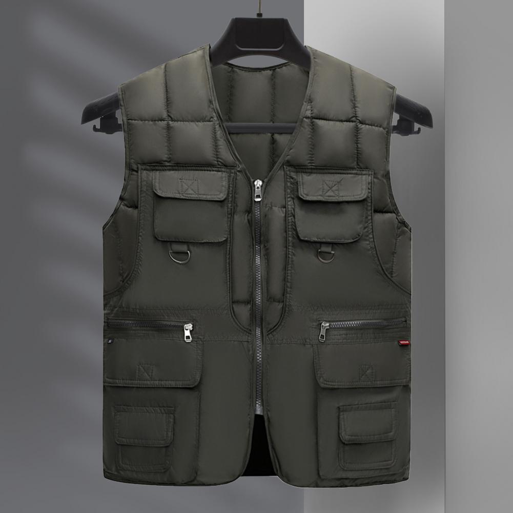 

Men Down Vest 10 Pockets Cargo Vest Sleeveless Zipper Placket Vest Coat Multi Pockets Solid Windproof Warm Padding Down Jacket 5XL зелений