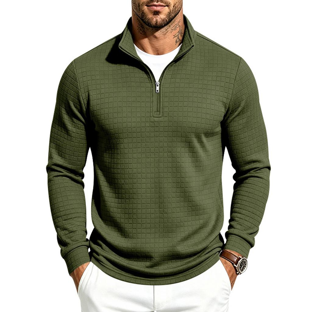 Men's Casual Long Sleeve Zip Up Stand Collar Plaid Shirt