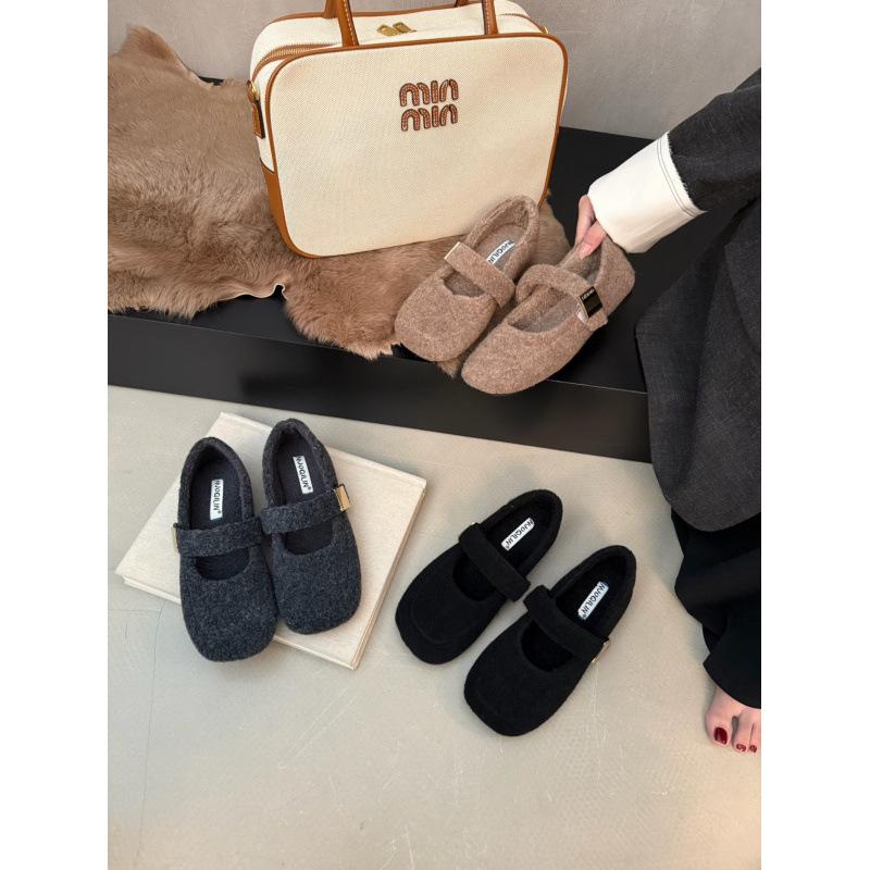 

2025 autumn and winter new one-word with Mary Jane woolen velvet shoes 39 хаки
