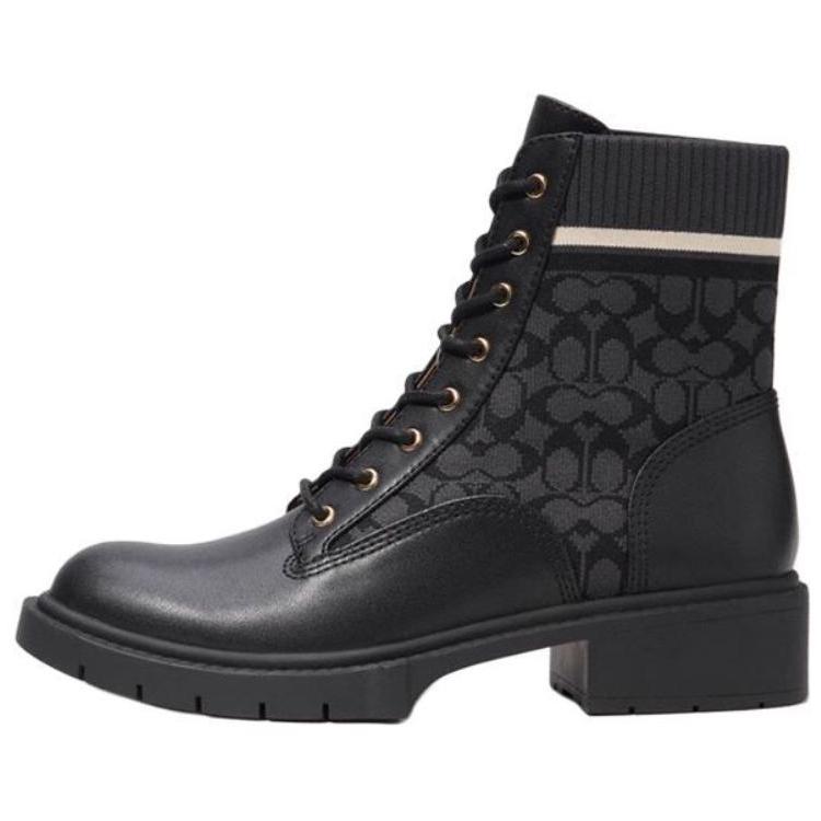 Coach Synthetic Leather Fabric Round Toe Lace-Up Short Boots 2.5cm Women Boots Black CO387-BLK