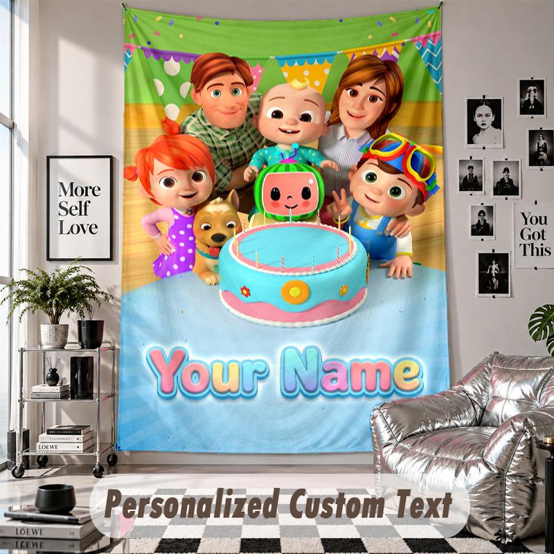 Wall Hanging Tapestry With Custom Name & Text, Cocomelon Decorative Tapestry For Bedroom