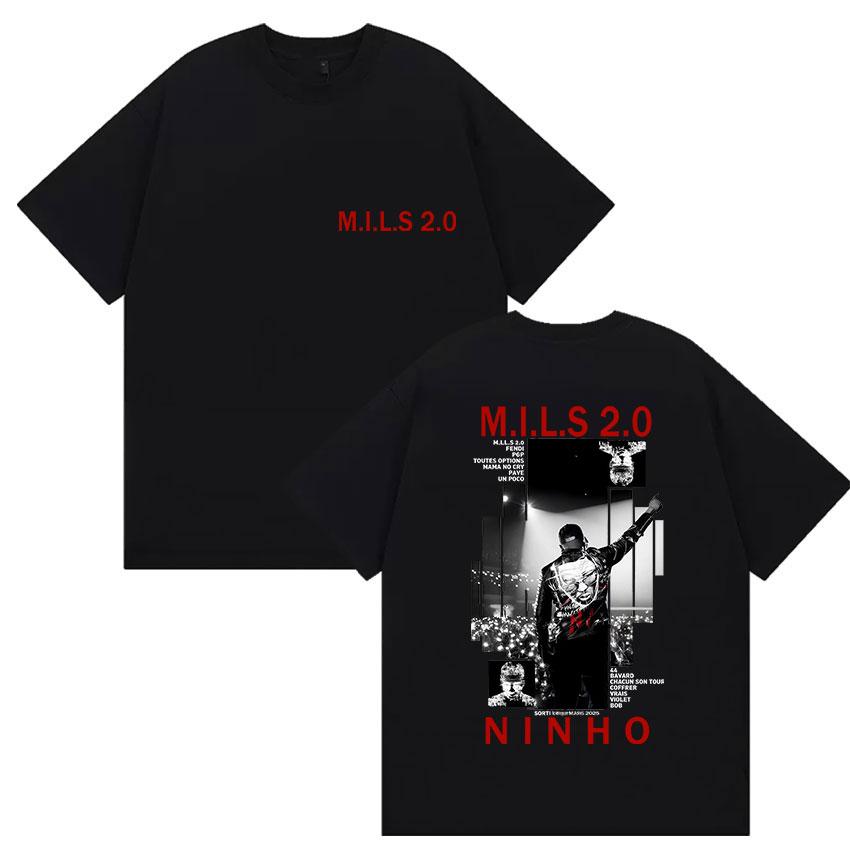 2025 Lato Raper NINHO M.I.L.S 2.0 Merch z Albumu Koszulka Męska Gotycki Hip Hop Rekreacyjny Styl Retro Bawełniana Koszulka z Krótkim Rękawem