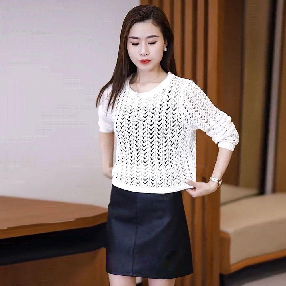 Fashionable Hollow Out Knitted Sweater for Women Versatile and Slimming Long Sleeved Round Neck Hooded Top