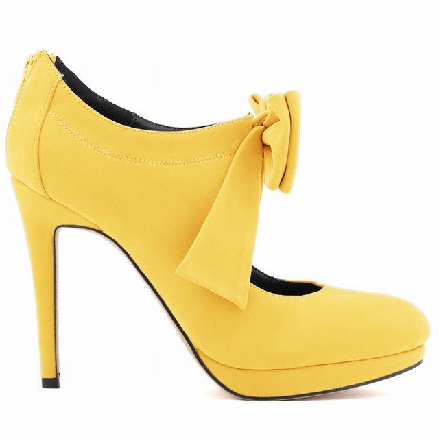 LOSLANDIFEN Nestest Fashion Women High Heels Shoes 11CM Platform Pumps Candy Color Bow Nightclub Flock Wedding  Plus Size