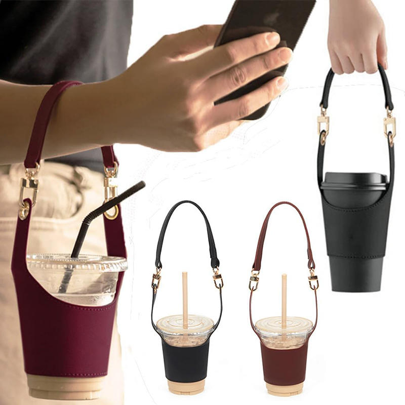 Portable Water Bottle Carrier with Detachable Strap Leather Coffee Cup Holder Bottle Protective Sleeve Bag for Outdoor Camping Travel