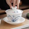 Handbemalte Keramik-Gaiwan mit goldverziertem Jade