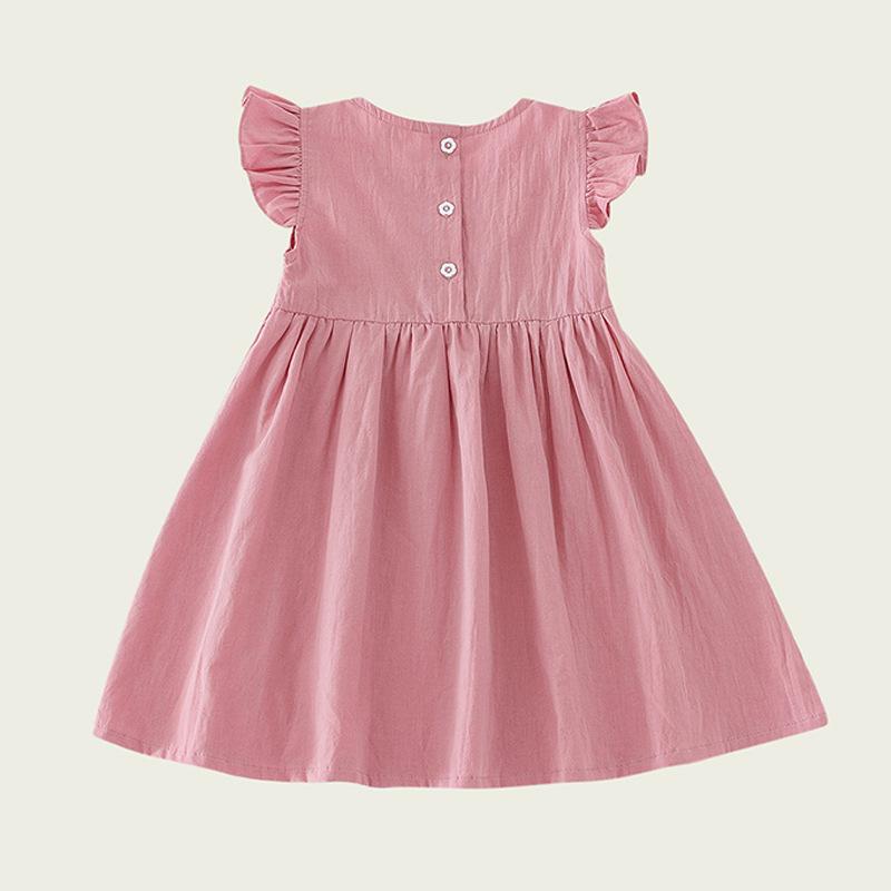 Girls Summer Solid Smocked Short Sleeve Dress Casual Children Cotton Blend A Line Sundress For Kids