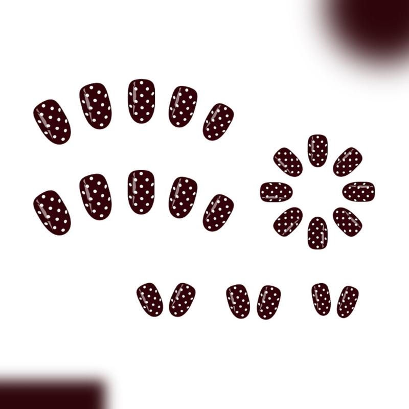 French Style False Nail Wine Red White Dots Multiple Size Easy Application Long Lasting Press On Nail for Women