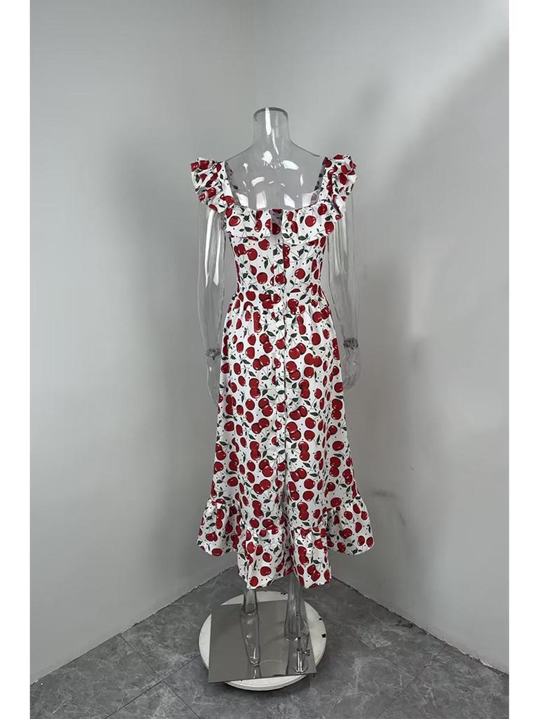 2026 Spring European American Style Women's Fashion Casual Printed Patchwork Ruffled Hem Dress
