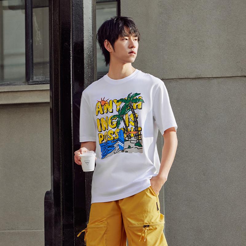 Li-Ning Cooling Breathable Round Neck Printed Letter Comfortable Short Sleeve T-Shirt Men Tops Standard-White AHSU707-2