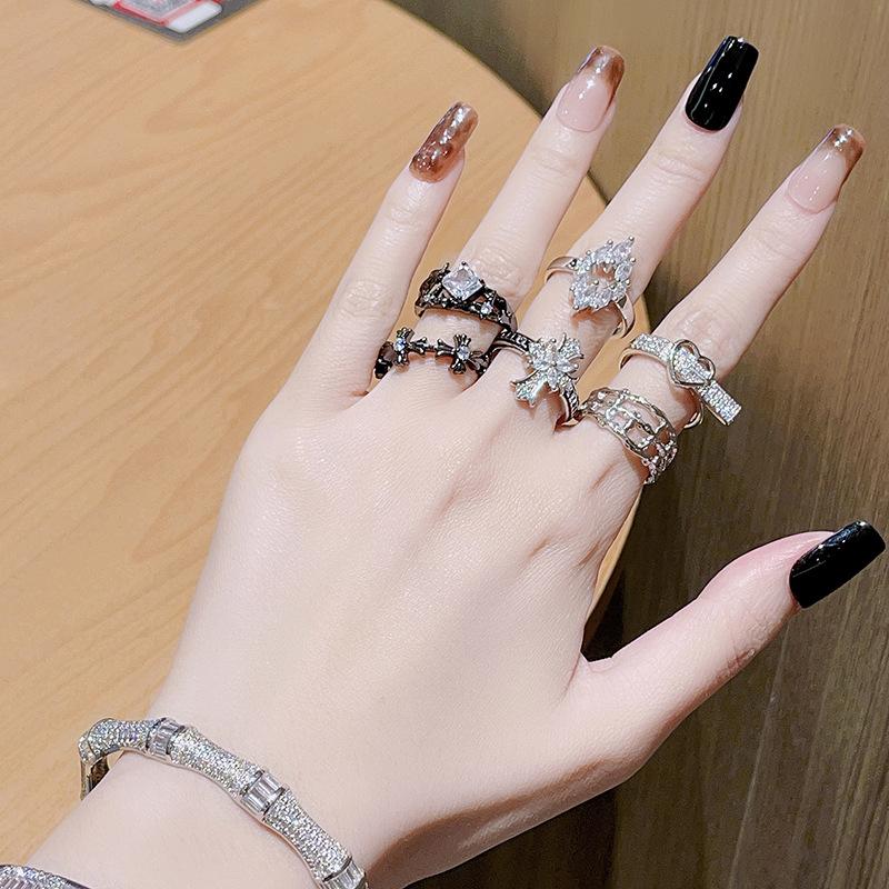 Cross Dark Premium Light Luxury Open Ring Set Cold Wind Zircon Love Bow Ring