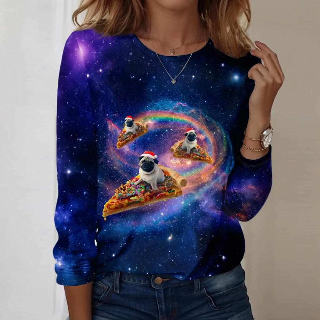 Christmas Limited Edition Women's 3D Christmas Gift Kitten Print Round Neck Long Sleeve Hoodie Fashion Casual Long Sleeve Top