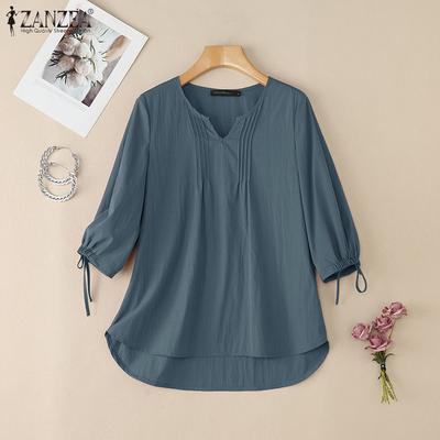 Women Casual V-Neck Solid Color Loose 3/4 Sleeve Blouse
