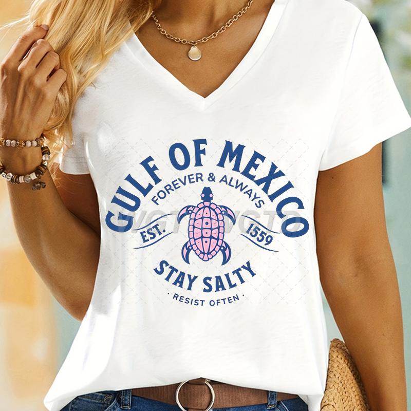 Футболка с V-образным вырезом  Залив Мексики , Черепаха, Побережье Мексиканского залива, Графические футболки  Stay Salty , Женские, Унисекс, Пляжная рубашка Мексики, Летние повседневные топы Мексики S