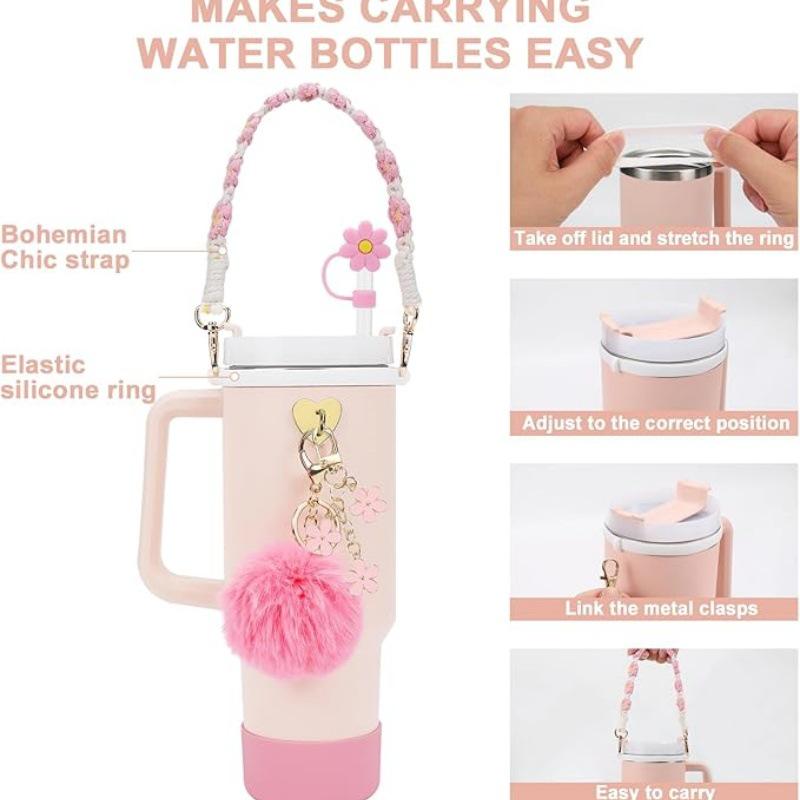 Straw Cap Silicone Insulated Cup Sleeve with Handheld Rope & Flower Pompon Pendant Set