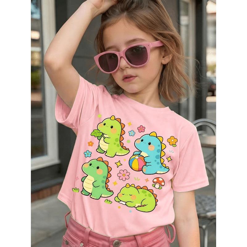 Girls' Short-Sleeve Casual T-Shirt with Cute Cartoon Dinosaur Print for Spring, Summer, and Fall