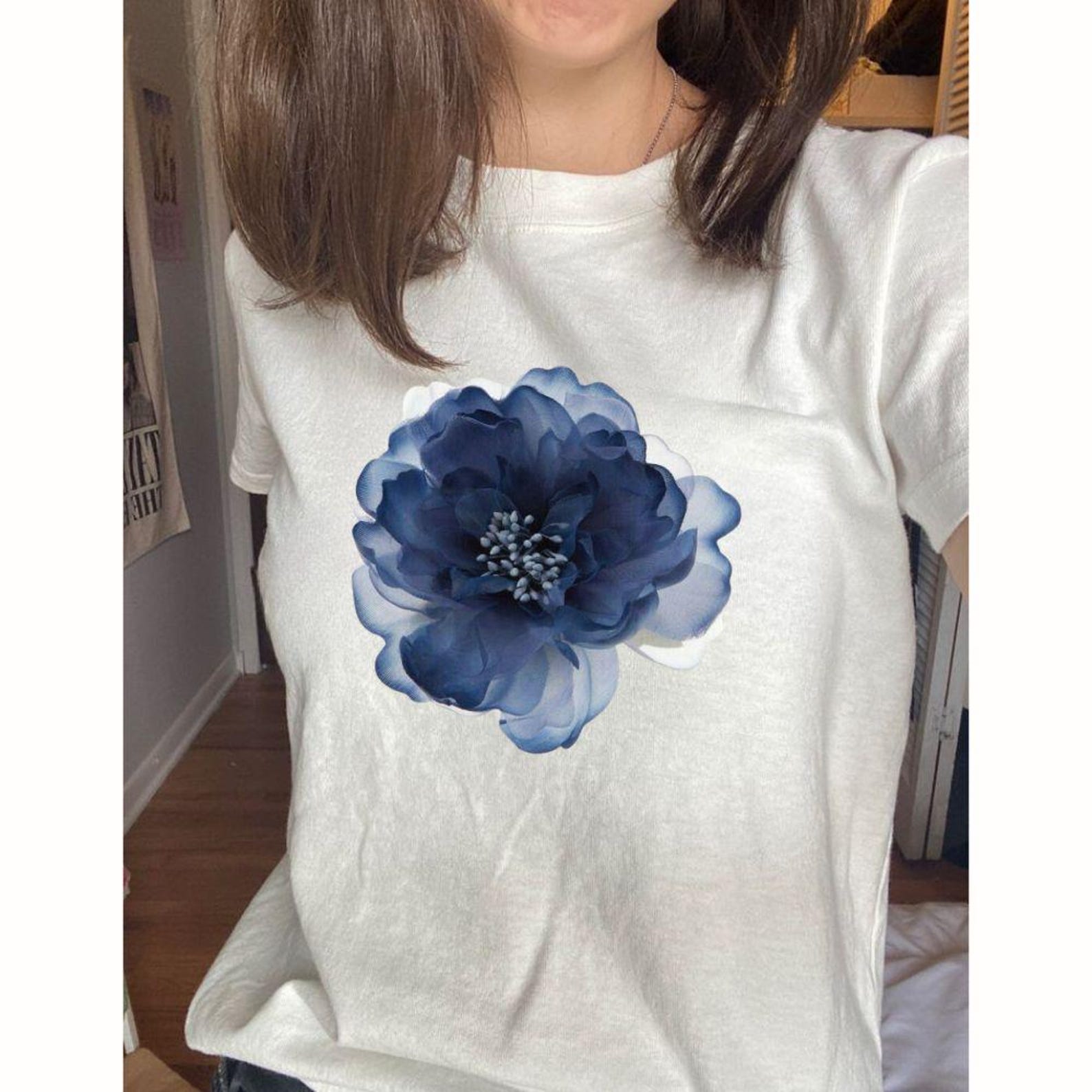 Navy Blue Peony Watercolor Floral T-Shirt, Botanical Art Top XL