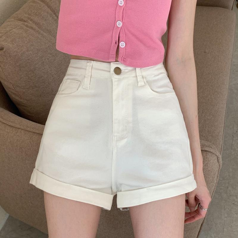 

Women s White A-line Denim Shorts - High Waist Rolled Hem, Slimming Wide Leg, Trending Summer Style. Medium белый