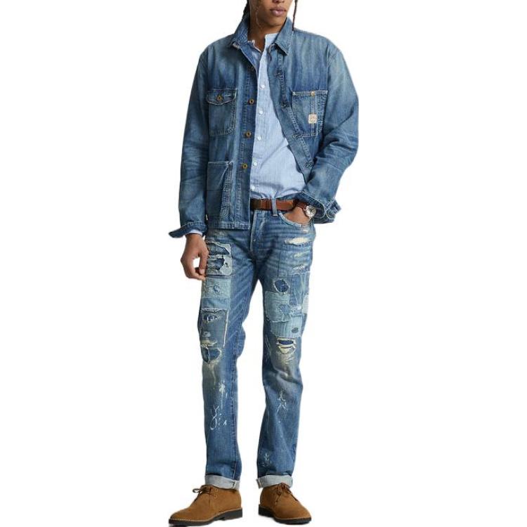 Polo Ralph Lauren FW22 Solid Color Washed Distressed Pocket Decorated Single-Breasted Casual Long Sleeve Denim Jacket Men jackets Blue MNPOOTW16020881