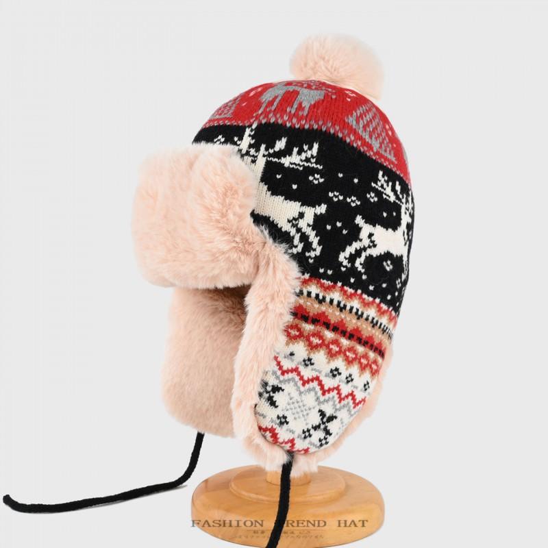Knitted Winter Beanie Hat With Ear Protection Unisex Warm Fleece Lined Deer Motif Fair Isle Style