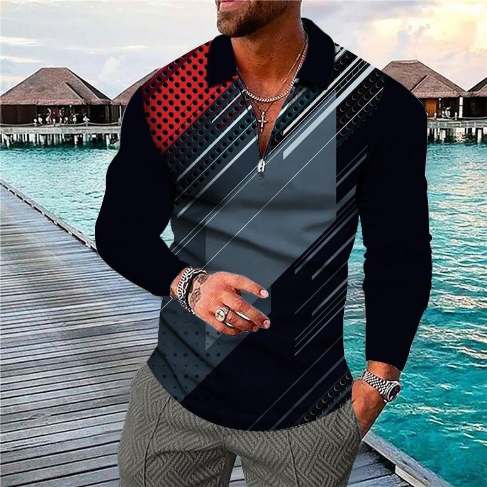 Men's Polo Shirt Digital Printing Men's Sweatshirt T-shirt Men's Autumn and Winter New Ethnic Style T-shirt Tops Men's Lapel Shirt