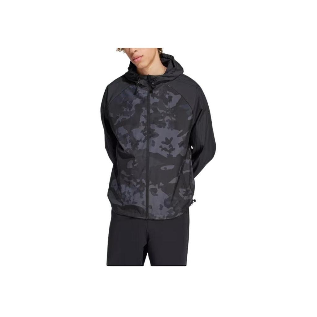 adidas Originals All Over Print Hooded Zip Fitted Long Sleeve Jacket Men Jackets Black IS0258