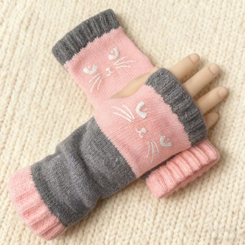 Gants en tricot sans doigts avec broderie de chat et patchwork, Gants décontractés ouverts aux doigts tendance pour femme, Mitaines chaudes d'hiver sans doigts