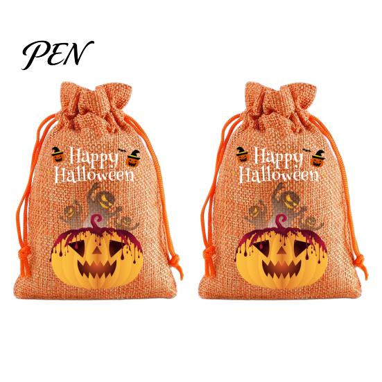 Reusable Gift Packaging 2Pcs Halloween Pumpkin Drawstring Bags for Candy Treats, Retro Burlap Small Storage Candies Trick or Treat Bags, Portable