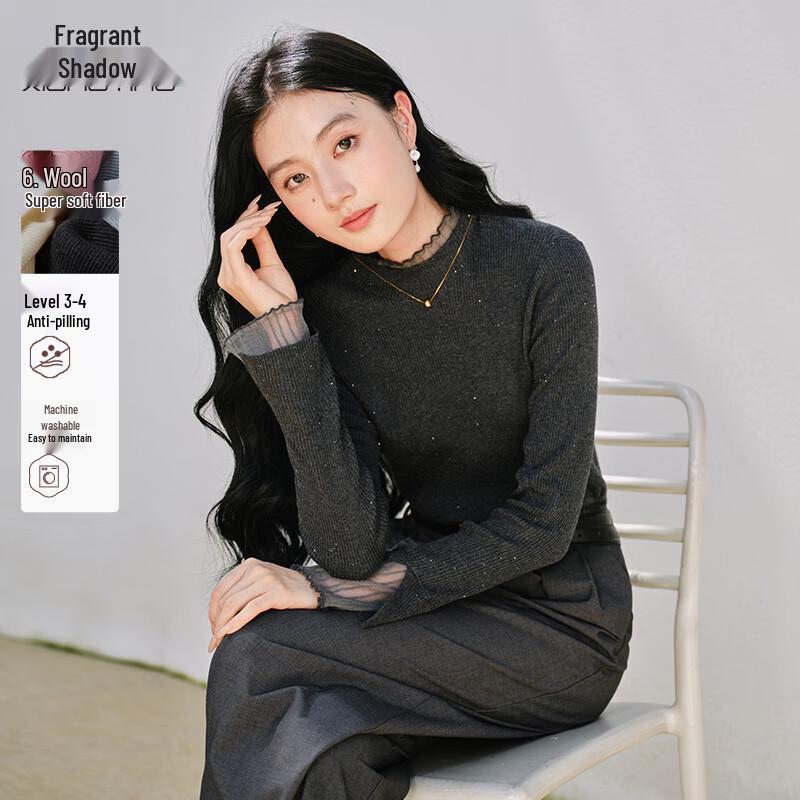 Xiangying Women s Mesh Patchwork Wool Blend Knitted Top S