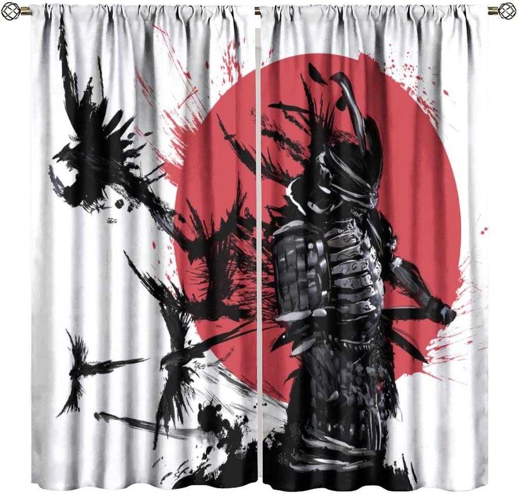 Japanese Anime Samurai Curtains Watercolor Ink Samurai Red Sun Shrine Mount Fuji Blackout Window Treatment Living Room Bedroom