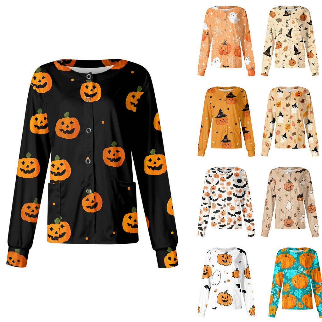 Women's Long Sleeve Single Breasted Halloween Print Scrub Cardigan Top for Nurses and Caregivers