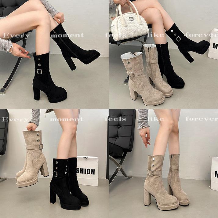 Fashion boots women's small super high heel waterproof table small short boots women's retro belt buckle side zipper elastic thin boots
