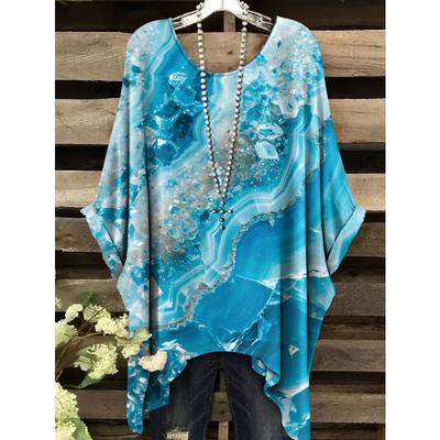 Large Women's Marble Patterned Short Sleeved T-shirt with Irregular Hem and Digital Printing for All Seasons