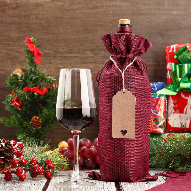 10 Pieces Burlap Wine Bags Jute Wine Bottle Bags with Drawstrings Reusable Gift Bags with Tags for Party Blind Tasting Birthday