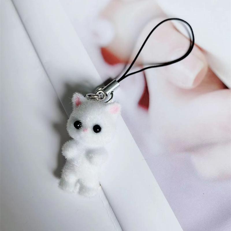 Sales 1 Piece Flocking Fabric 3D Lovely White Black Cat Mobile Phone Charms Cute Animal Cellphone Lanyard Strap