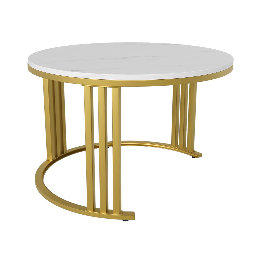 2-in-1 Runder MDF-Couchtisch, Beistelltisch mit glänzender Oberfläche und weißer Marmorplatte, Wohnzimmertisch-Kombination mit 2 Schubladen, 70*70*46 + 50*50*40 cm
