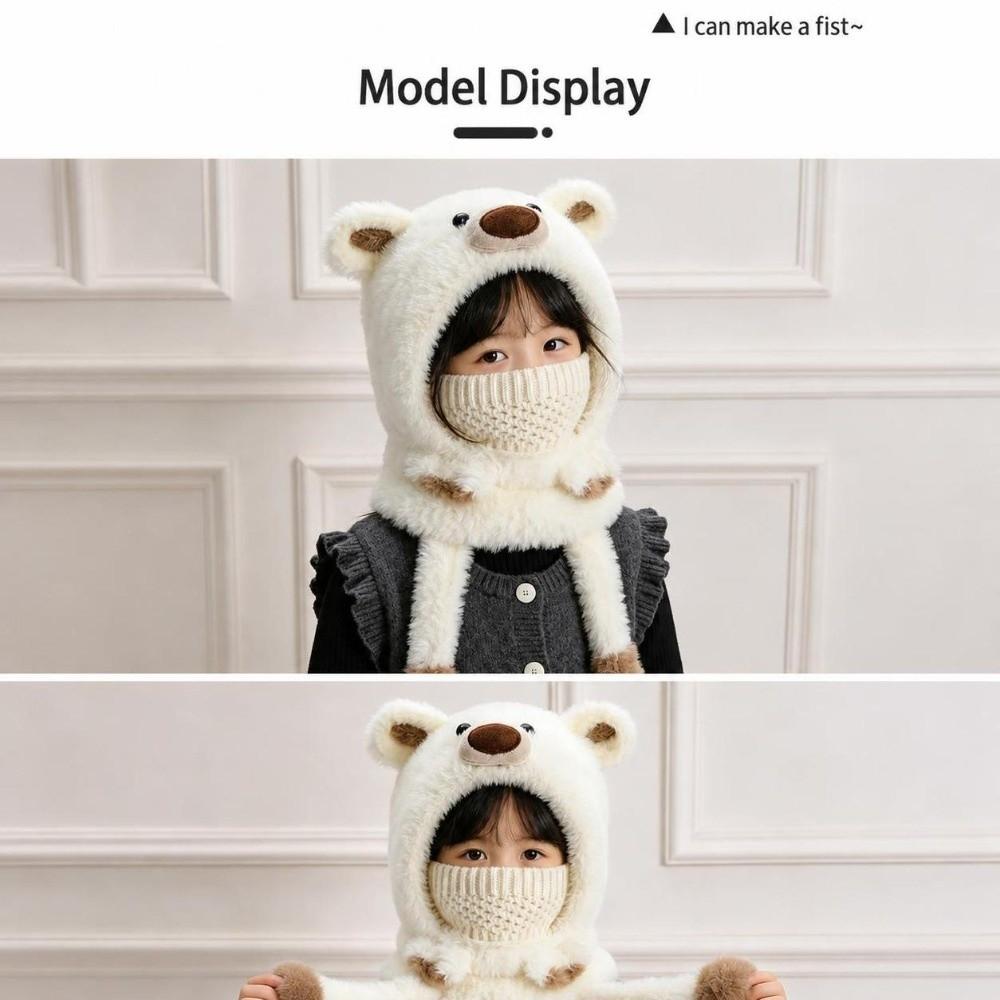 3-in-1 Design Winter Balaclava Hat Polyester Plush Bear Hat Fun Kids Hooded Scarf  Outdoor Play