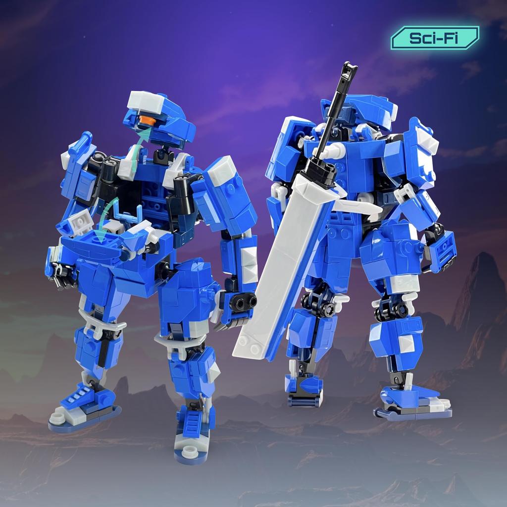 MyBuild Sci-Fi Cage 5027 - Blue Armor Mech with Great Sword Movable Robot Model Ages 14+