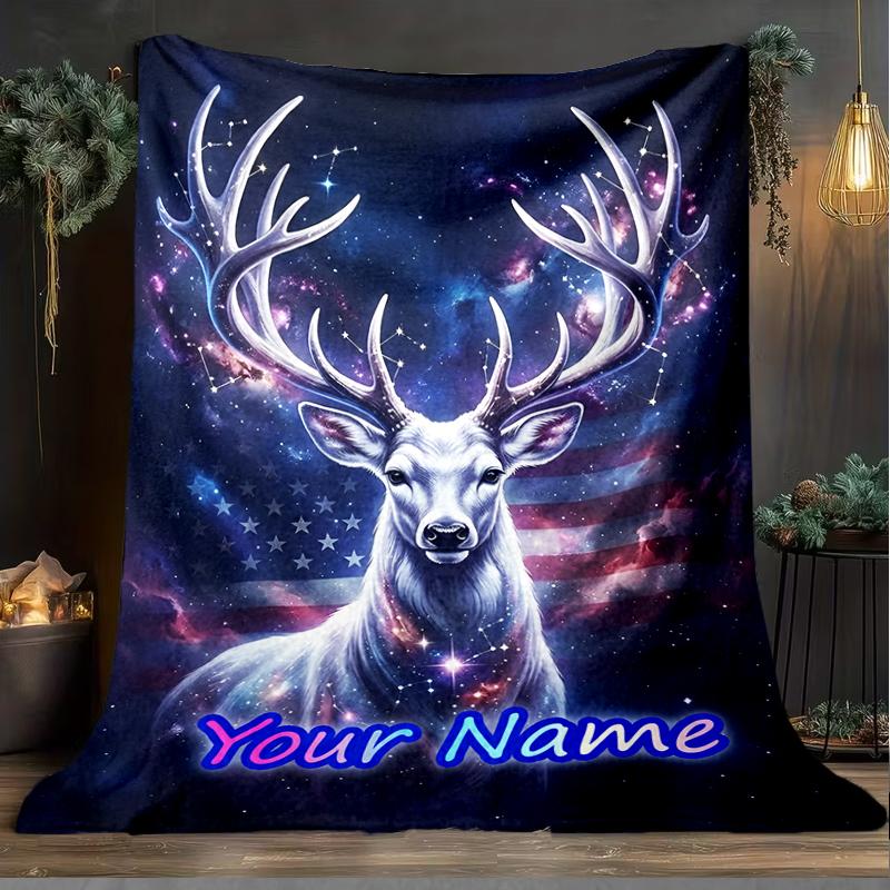 1PC Custom Name Deer American Flag Background flannel blanket versatile,all-season throw suitable for the living room,bedroom,camping,travel,and gift