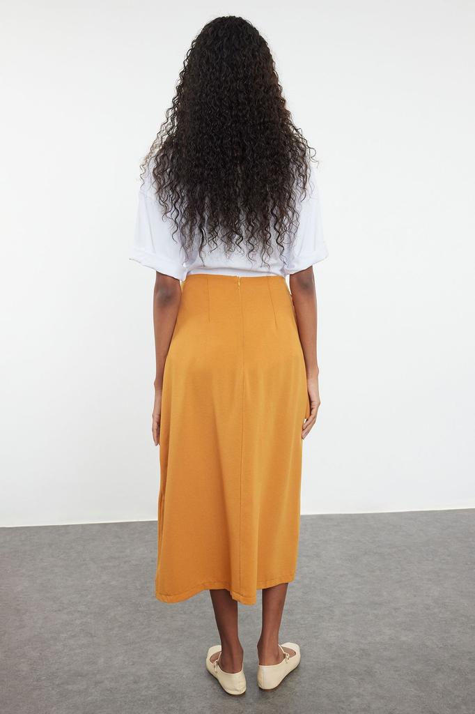 Women's Fashion Cinnamon Double Breasted Tie Detailed Woven Linen Look Skirt