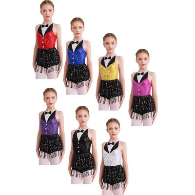 Crianças meninas lantejoulas brilhantes borla vestido de uma peça tutu saia collant moderno jazz traje de salão de baile