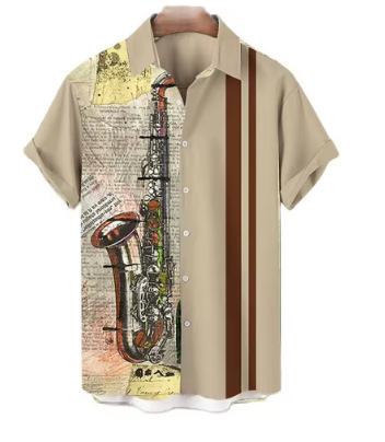 Men s Hawaiian Shirt, Men s Casual Musical Instrument, Print Shirt, Loose Short Sleeve Beach Shirt Top XXS