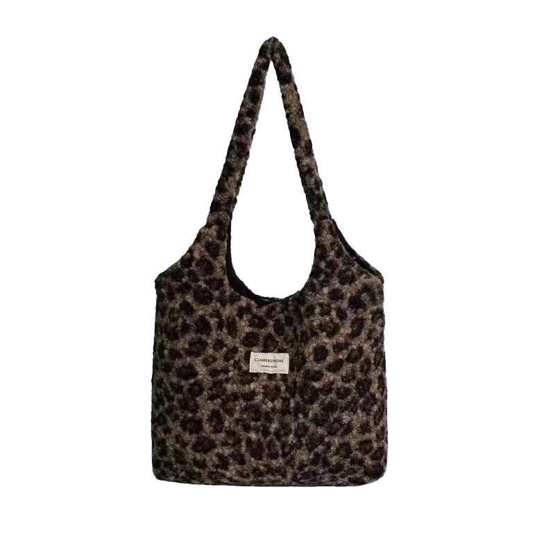 Korean Retro Leopard Print Tote Bag New Fashion College Style Underarm Bag Large Capacity Casual Plush Shoulder Bag