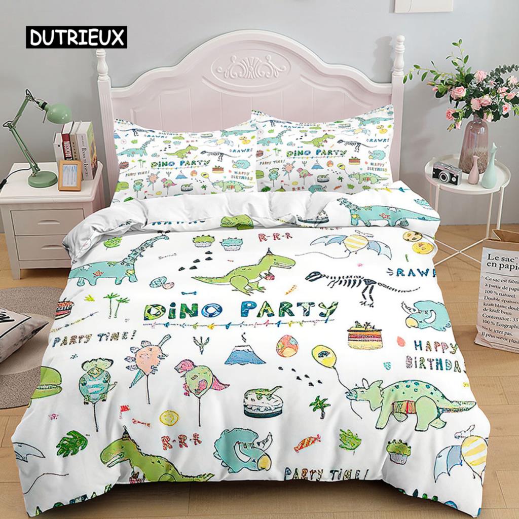 Cartoon Dinosaur Duvet Cover 3D Kawaii Animal Boy Bedding Set for Kids Girls Soft Microfiber Quilt Cover with Zipper Closure