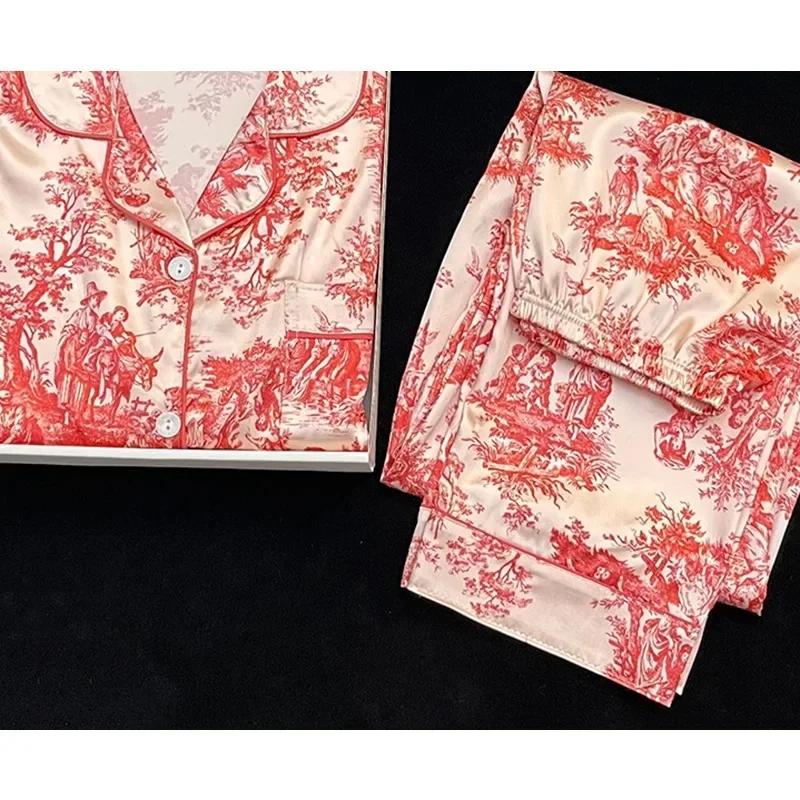 Red Pajamas Women Spring Summer Long Sleeves Long Pants Satin Silk Sleepwear Pijamas Womens Pyjamas Thin Pijamas Girl Homewear