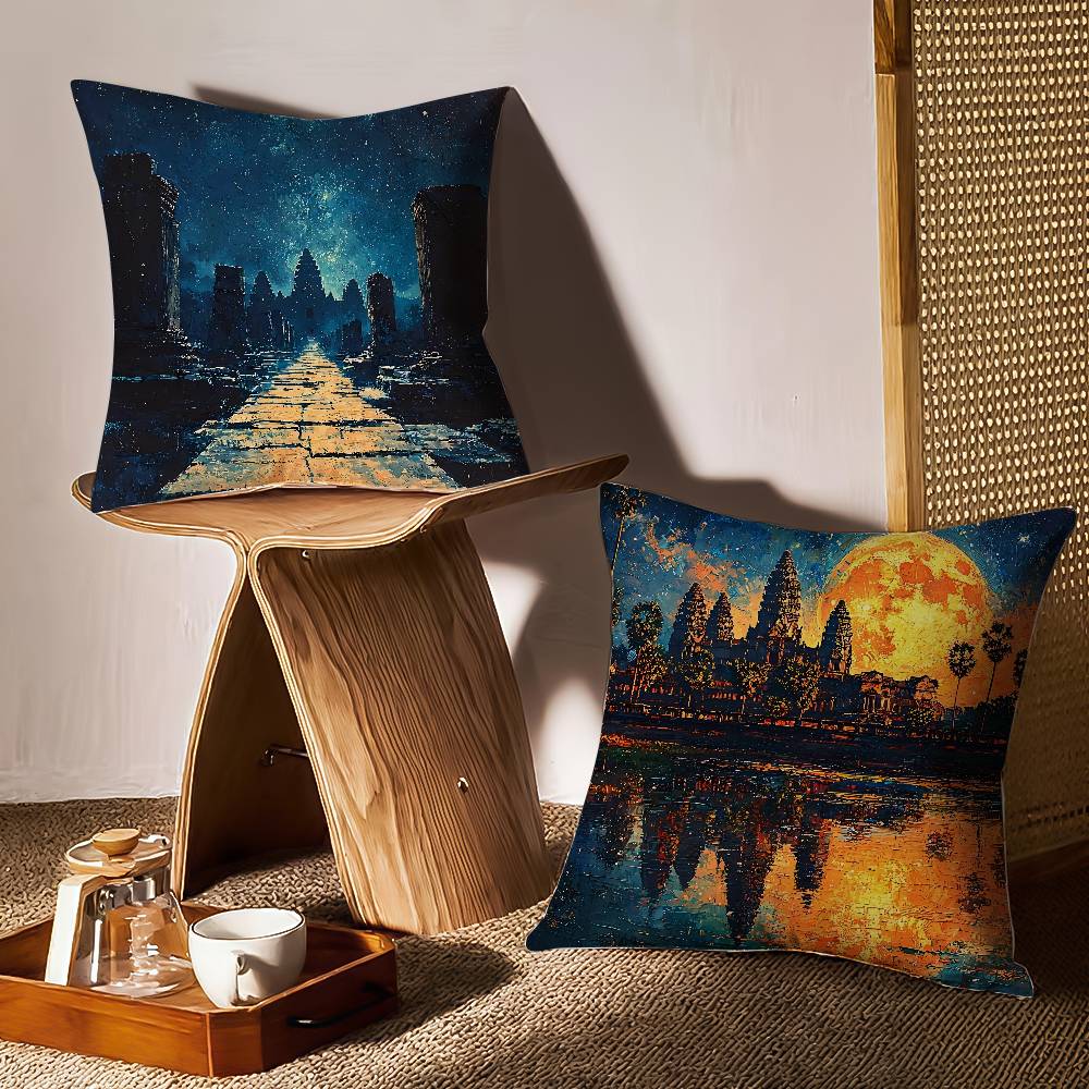 Angkor Wat Pillow Case Anti-dustmite Pillowcase Invisible Zipper Silky Short Plush Sofa Cushion Cover